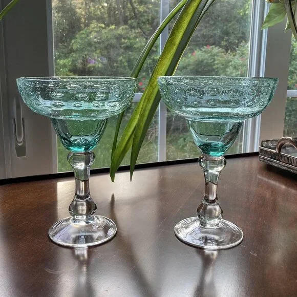 2 Pier 1 Imports Margarita Glasses Controlled Bubble Glass Shoreline Collection
