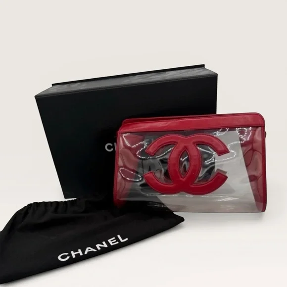 Chanel Vintage Clear PVC CC Logo Clutch Red Leather Rare Y2K 90s