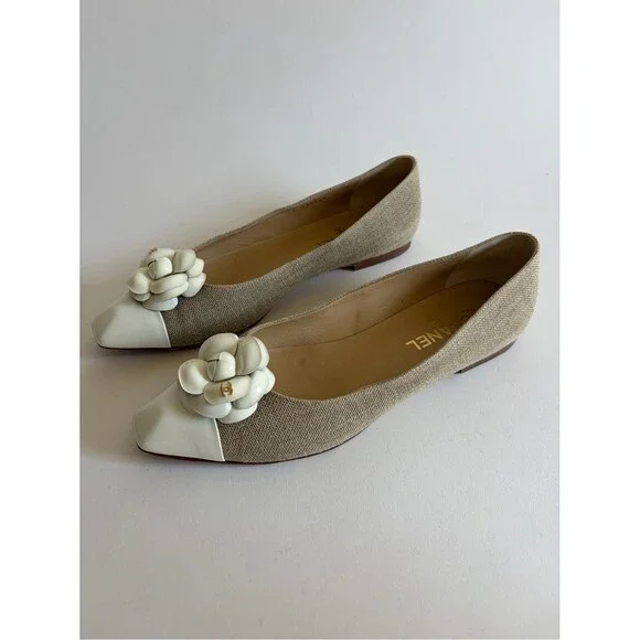 Chanel Tweed Beige and White Camellia Pointed Toe Flats
