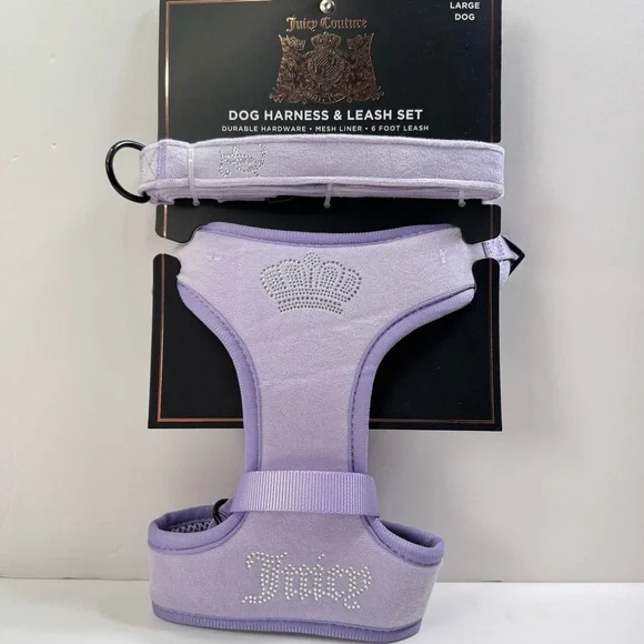 Juicy Couture Bling Velour Pet Harness and Leash Set - Purple - Large Dog
