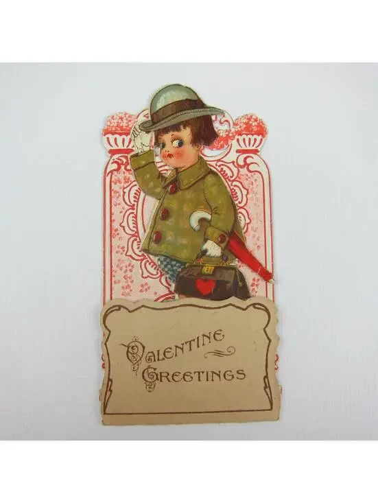 Vintage Valentine 3D Pop Up Die Cut Boy Green Coat & Hat Red Umbrella Black Bag