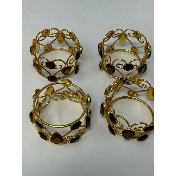 4 Pier One Imports Jeweled Napkin Rings Red & Amber Set In Gold Tone Metal