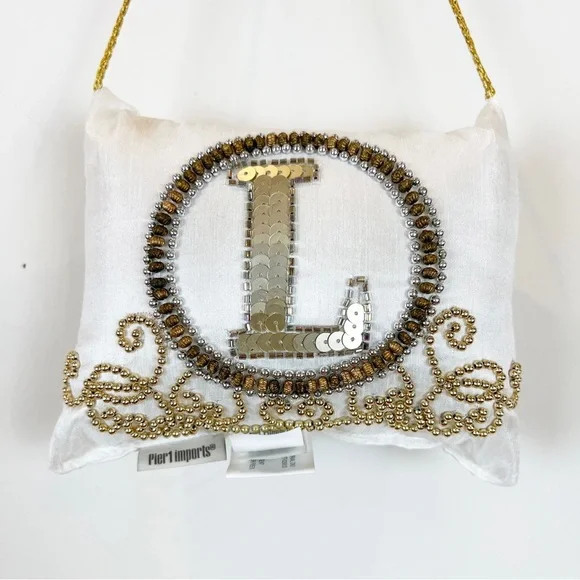 Pier 1 Imports “L” Gold Monogram Sequined Beaded Door Knocker Pillow Decor Hang