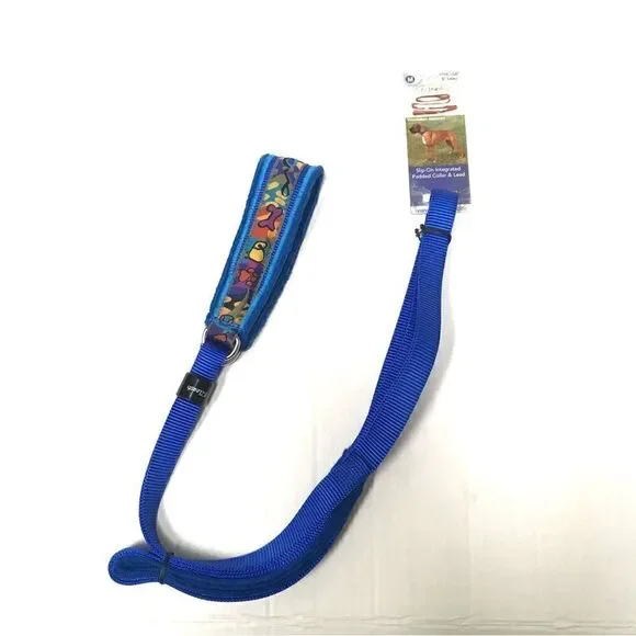 EZ Leash blue & patterned dog leash with collar -M‎