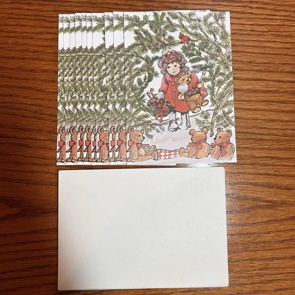 VTG 10 Christmas Cards Carol Watson Little Girl Teddy Bear Treats Xmas Holiday