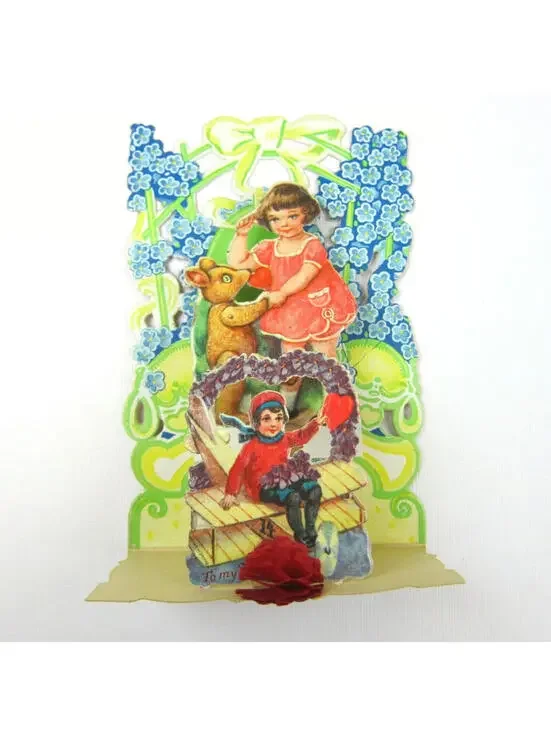 Vintage Valentine Honeycomb 3D Pop Up Die Cut Girl Pink Dress Boy Blue Flowers