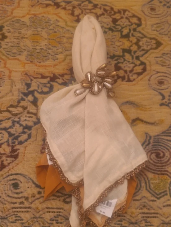 Pier 1 Cream Napkin Set with Gold Beaded Accent 2 Napkins 1 Ring In Each Set
