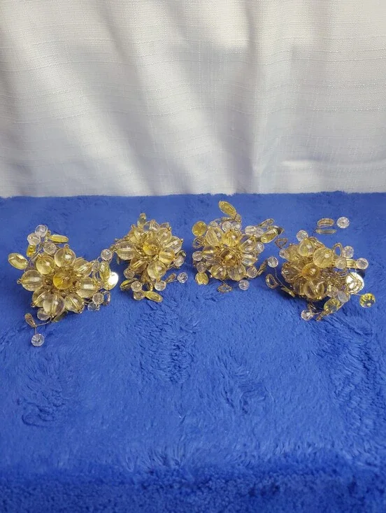 Set Of 4 Pier 1 Beaded Cluster Napkin Rings Yellow Brown Gold Beads Golf Rings
