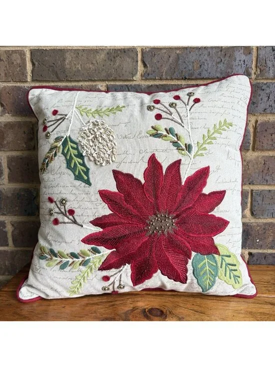 Pier 1 Poinsettia Throw Pillow Embroidered Beaded Christmas Holiday 18x18”