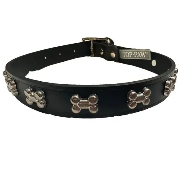 Top Paw Bone Studded Black Leather Dog Collar Size Medium‎ 14-18 in