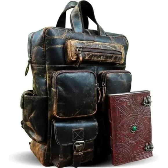 Buffalo Leather Backpack Multi Pockets Daypack Travel Laptop Bag for Men Women