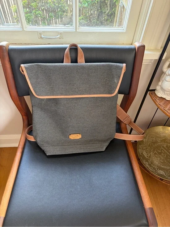 Roll-Top Canvas Backpack with Leather Trim - Gray and Tan