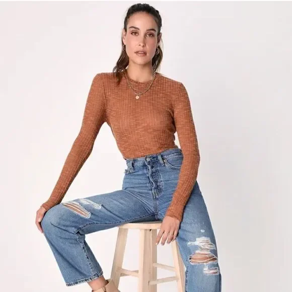 NWT Free People Brown Ribbed Knit Long Sleeve Layering Top M