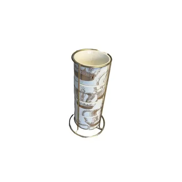Vintage Pier 1 Imports Stacking Mugs Set of 4 Gold White Crown Cups w Holder