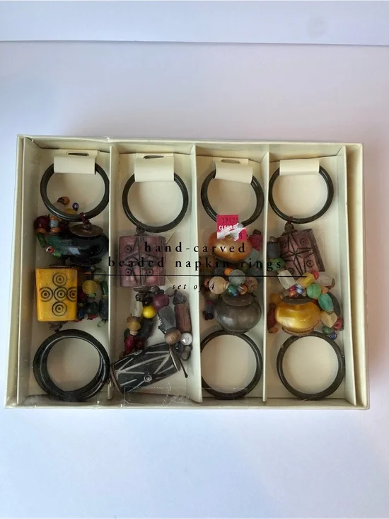 Pier 1 Hand Carved Beaded Napkin Rings Set of 8