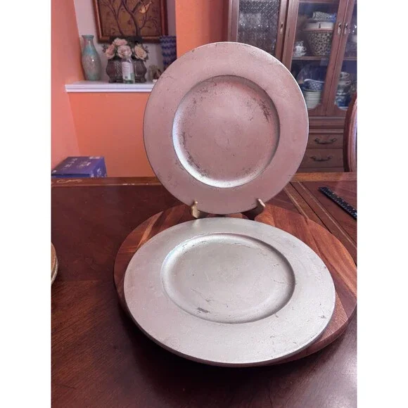 PIER 1 Handcrafted SILVER Vintage Pottery Chargers A SET OF 2