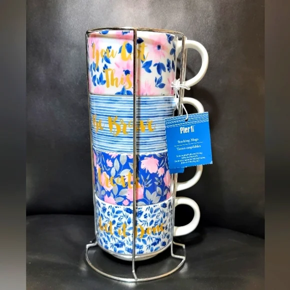 Set Of 4 Blue Pink Floral Tea Cups Stackable Coffee Mugs Pier 1 Imports NWT