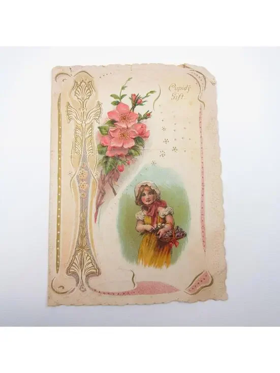 Valentine Card Girl Bonnet Yellow Dress Flowers Embossed Die cut Bifold Antique