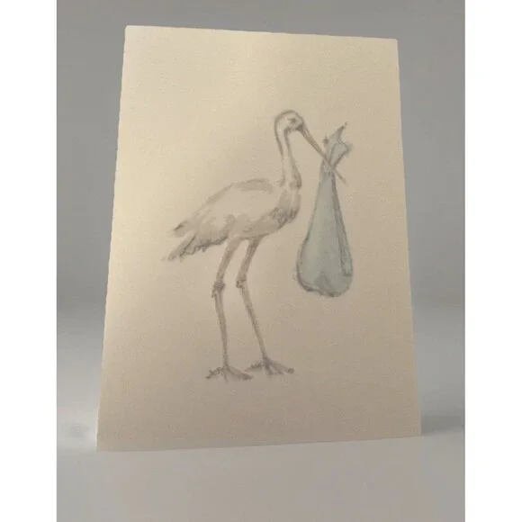 Vintage Oddballs Watercolor Ecru Notecards -Blue Stork - Baby Boy - 10 Pk