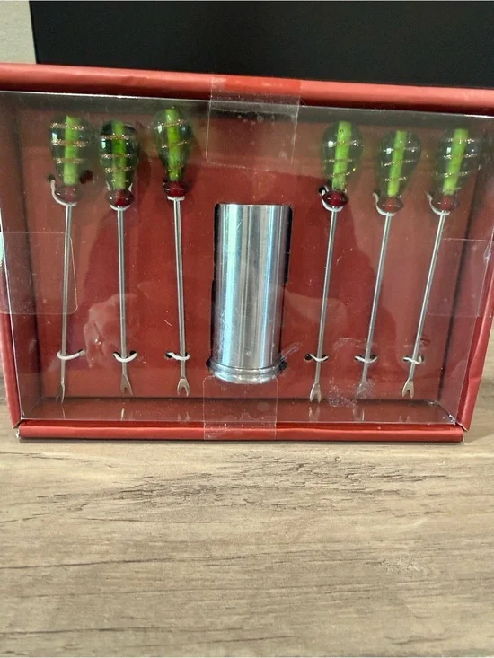 Pier One Green Striped Olive Picks Set with Stainless Tool