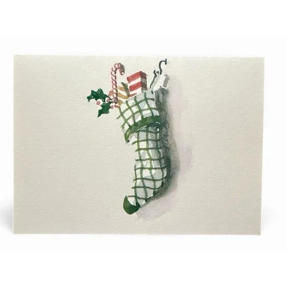 Vintage Oddballs Christmas Notecards - Watercolor- Checkered Stocking- 10 Pk