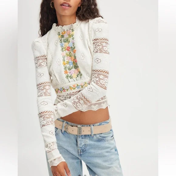 NWOT Free People Garden Grace Embroidered Top- Ivory Combo