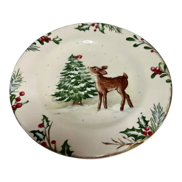 Pier 1 Winter Wonders Salad Plate Ironstone Deer Christmas Holiday 8.75 inch