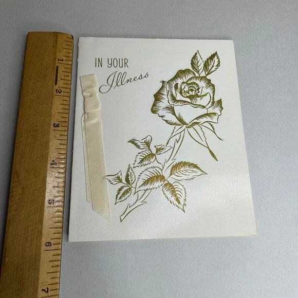 Vintage Get Well Soon Greeting Card Gold Rose Embossed In Your Illness 935102