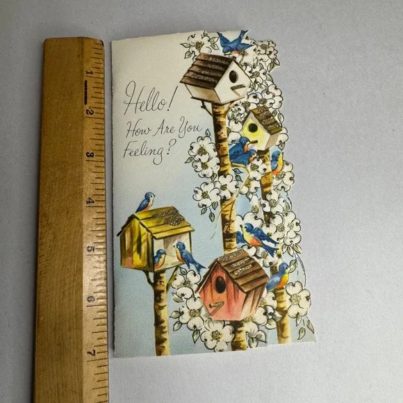 Vintage Sangamon Get Well Card Bluebirds Birdhouses Die Cut Glitter 10-5902 USA