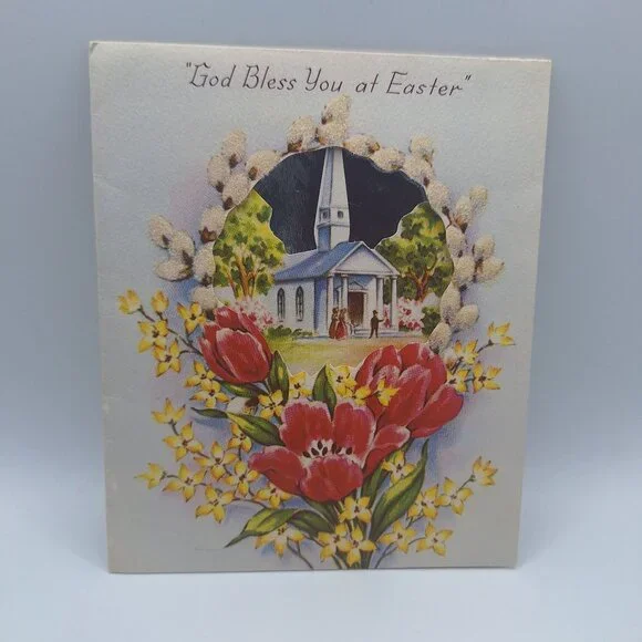 Vintage Easter Card God‎ Bless You Tulip Church Design Religious Note Personal