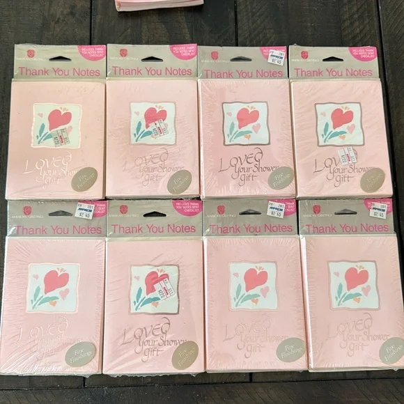 8 packages of American Greetings 1980s shower thank you cards.