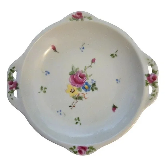 Vintage Dainty‎ Hand Painted Rose Floral Trinket Dish with Handles 1943-1944