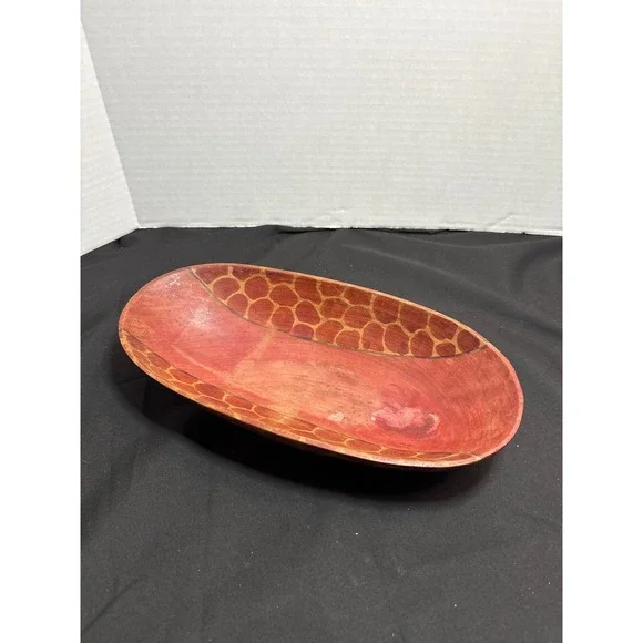 Oval Wooden Dish Tray with‎ Unique Etched Pattern Decorative Bowl Decor