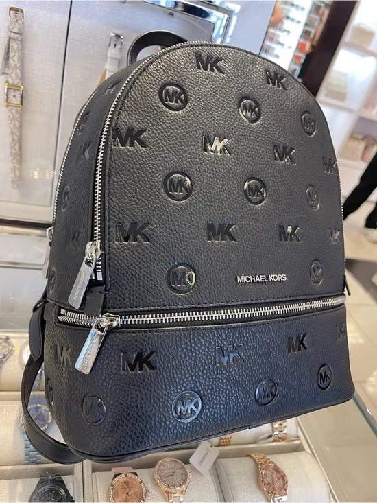 Michael Kors Rhea Medium Zip MK Logo Debossed Backpack Black NWT