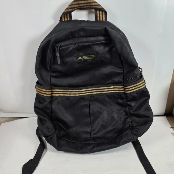 Adidas Backpack Black Gold Metallic 3 Stripe Quilted Back Sporty School Bag