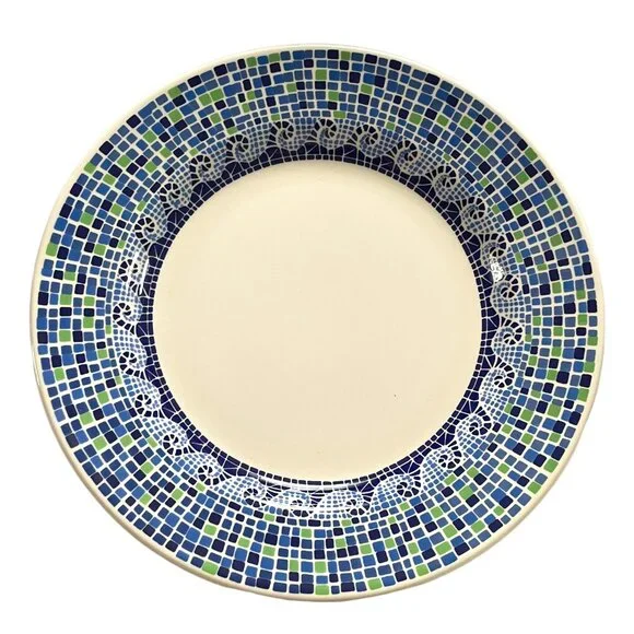 (4) Pier 1 Imports Summerlin Dinner Plates Blue White Green Mosaic Print 10 1/4