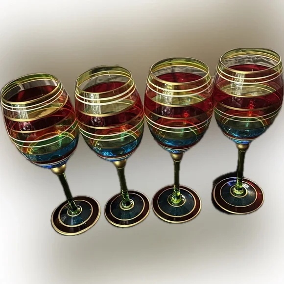 VTG Pier 1 Imports Festive Stripe Wine Glasses Set of 4 - Hand Painted Gold Gilt