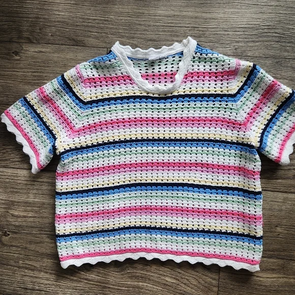 GAP Multicolor Striped Crochet Knit Short Sleeved Sweater Top Size XL
