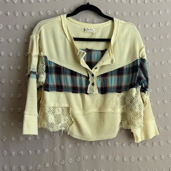 Free People Nina Plaid Patchwork Crop Long‎ Sleeve Sz XS
