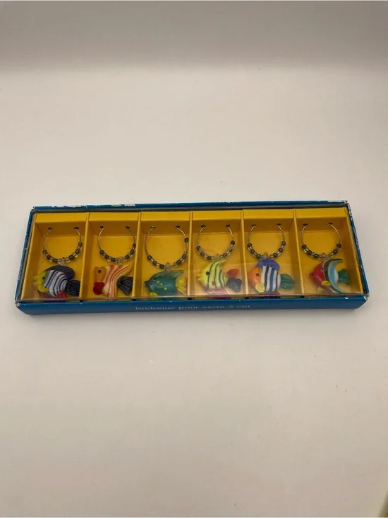 Pier 1 Imports, Multicolor, Glass Wine Charms, Set of 6 Tropical Fish