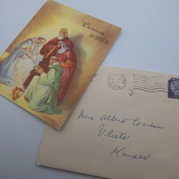 Vintage Christmas Card 1955‎ Nativity Scene Envelope 3 Cent Stamp Letter Kansas