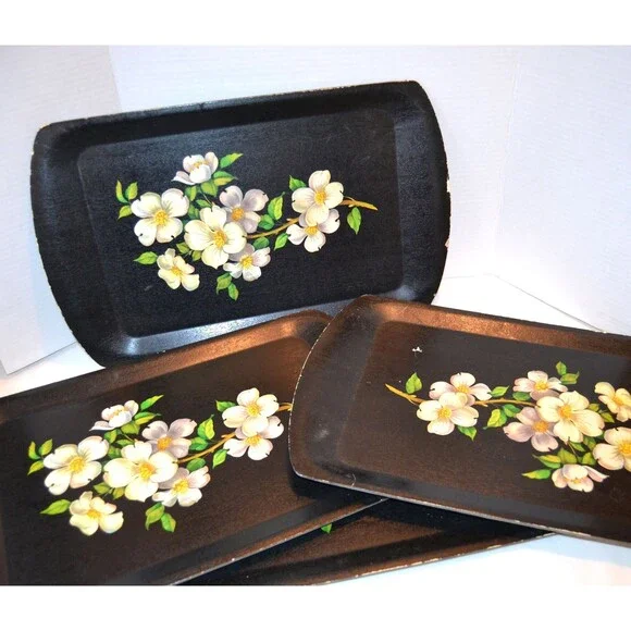 Vintage Magnolias on Black Lap and Table Trays