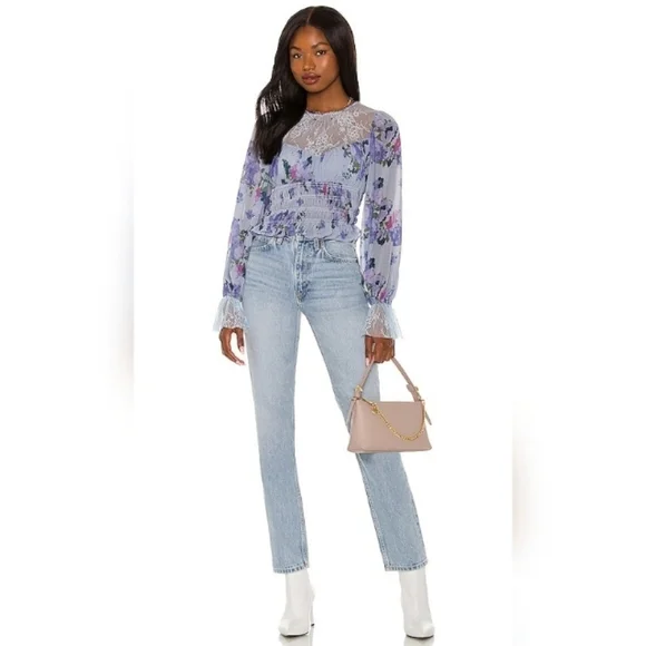 Free People Lace Sheer Smocked Crew Neck Keyhole Back Cropped Long Sleeve Top