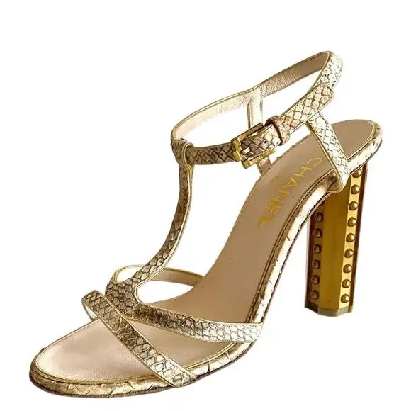 Chanel Python T-Strap Sandals 39.5 Gold Studded CC Column Heels Made in Italy