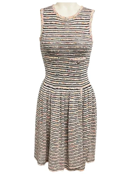 CHANEL MULTICOLOR STRIPED KNIT SLEEVELESS FLARED DRESS WITH CC LOGO BUTTONS