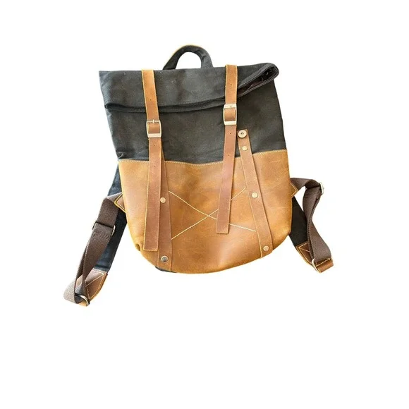 Black Canvas and Brown Leather Rolltop Backpack Rucksack Adjustable Straps