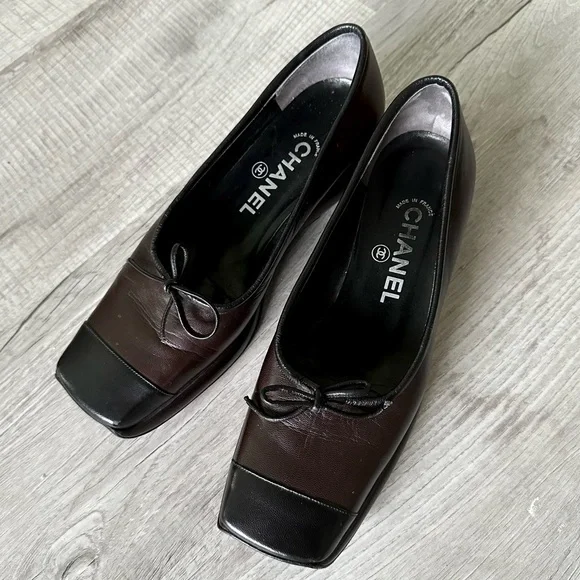 Vintage Chanel Cap Toe Ballerina Shoes with self tie Bows & Platform heels