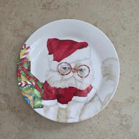 Pier 1 Grumpy White Cat Santa Christmas Plate Salad 9 Inch​