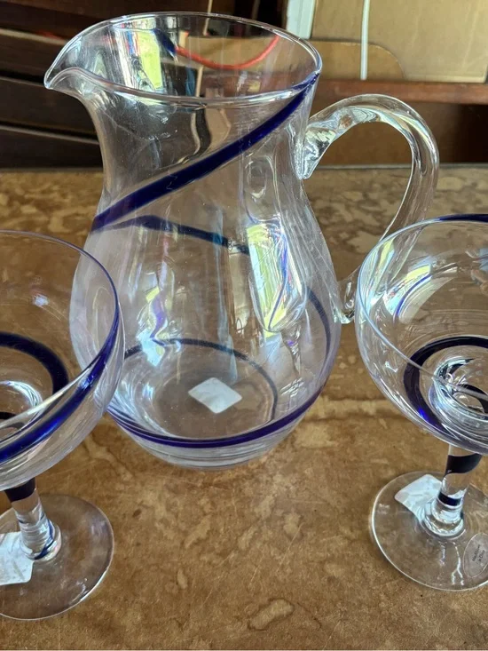 Pier 1 Swirline Blue Pitcher & Margarita Glasses