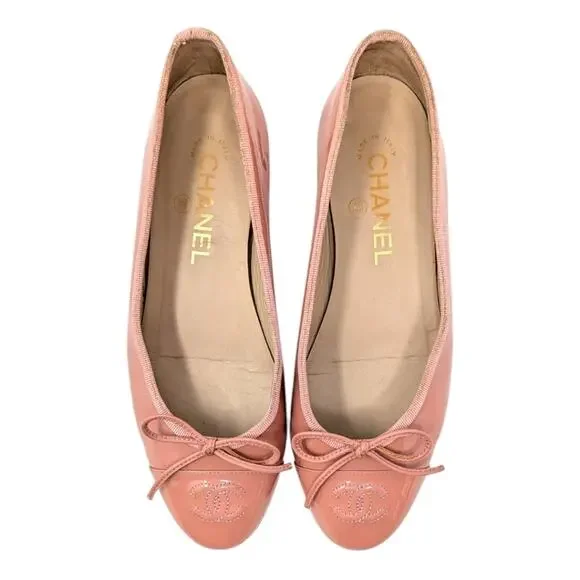 Chanel Ballet Flats Ballerinas CC Logo Cap Toe Nude Pink Patent 36.5 | 6